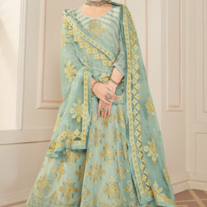 Faux Georgette Light Mehendi Heavy Embroiderd Thread, Zari and Diamond Work Salwar Kameez