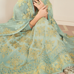 Faux Georgette Light Mehendi Heavy Embroiderd Thread, Zari and Diamond Work Salwar Kameez